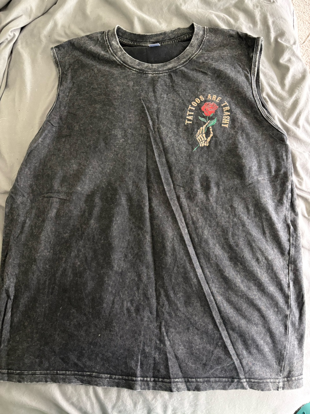 Men's Black Mineral-Wash Sleeveless Tee with Rose Skeleton Graphic